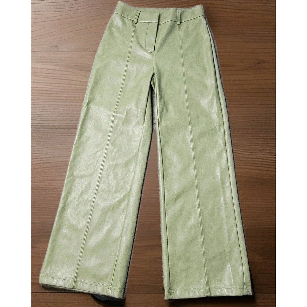 7 For All Mankind Faux Leather Wide Leg Pants Women XS Green High Rise NWT